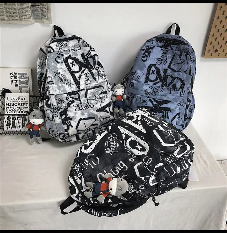 Bolsas escolares multifuncionais para casais, carta de grafite, mochila casual treval para homens e mulheres