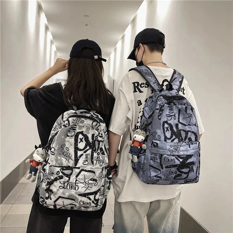 Bolsas escolares multifuncionais para casais, carta de grafite, mochila casual treval para homens e mulheres