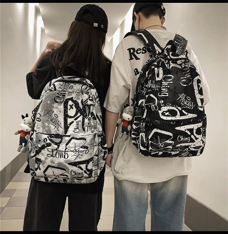 Bolsas escolares multifuncionais para casais, carta de grafite, mochila casual treval para homens e mulheres