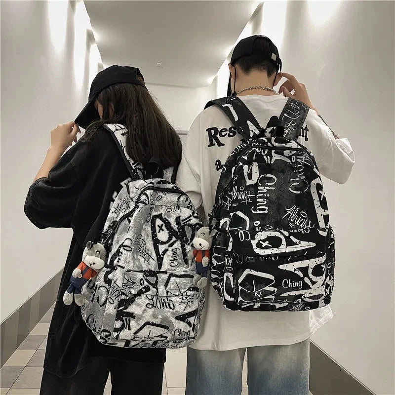 Bolsas escolares multifuncionais para casais, carta de grafite, mochila casual treval para homens e mulheres