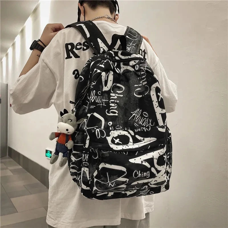 Bolsas escolares multifuncionais para casais, carta de grafite, mochila casual treval para homens e mulheres