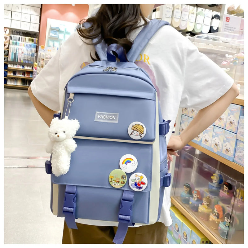 5 peça conjunto kawaii sacos de escola para meninas adolescentes lona cor sólida mochila feminina adolescente estudante escola bolsa para portátil bagpack