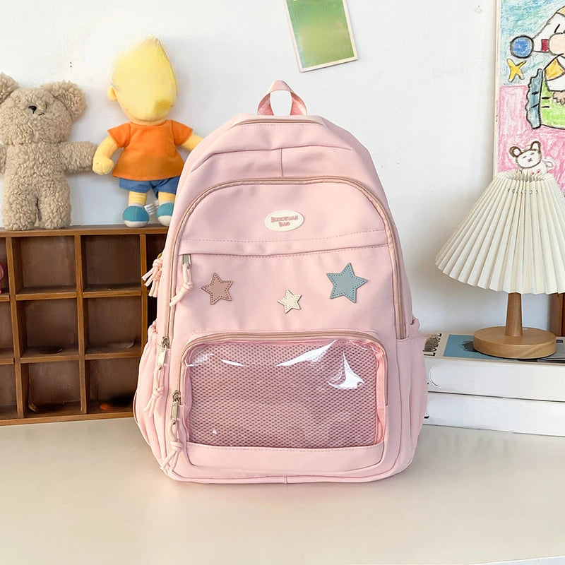 Mochila feminina transparente de estrela estética japonesa, mochila escolar kawaii casual para meninas, mochila formal de alta capacidade para estudantes, Y2k