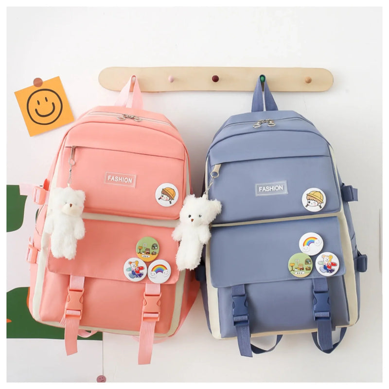 5 peça conjunto kawaii sacos de escola para meninas adolescentes lona cor sólida mochila feminina adolescente estudante escola bolsa para portátil bagpack