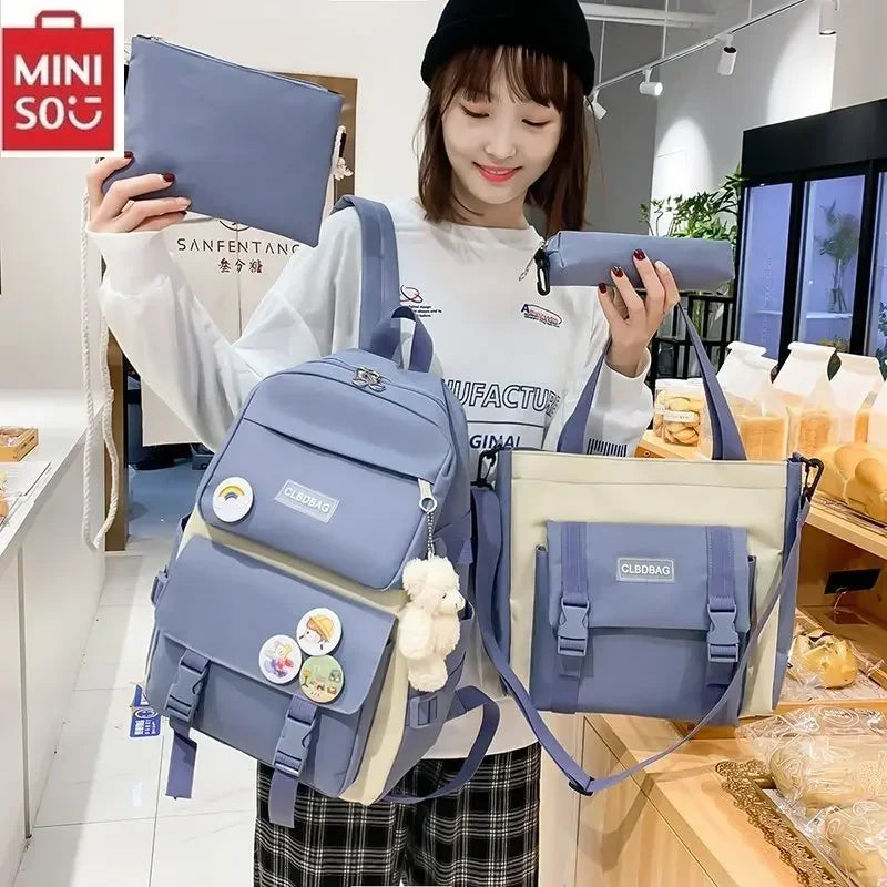 5 peça conjunto kawaii sacos de escola para meninas adolescentes lona cor sólida mochila feminina adolescente estudante escola bolsa para portátil bagpack