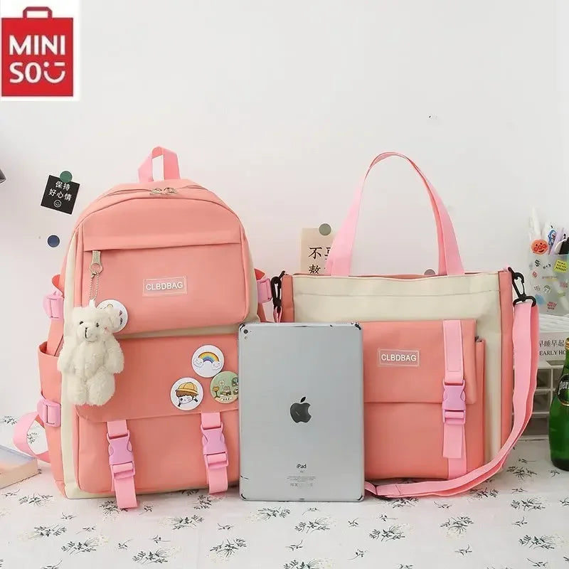 5 peça conjunto kawaii sacos de escola para meninas adolescentes lona cor sólida mochila feminina adolescente estudante escola bolsa para portátil bagpack