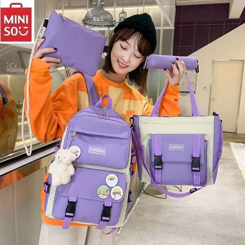 5 peça conjunto kawaii sacos de escola para meninas adolescentes lona cor sólida mochila feminina adolescente estudante escola bolsa para portátil bagpack