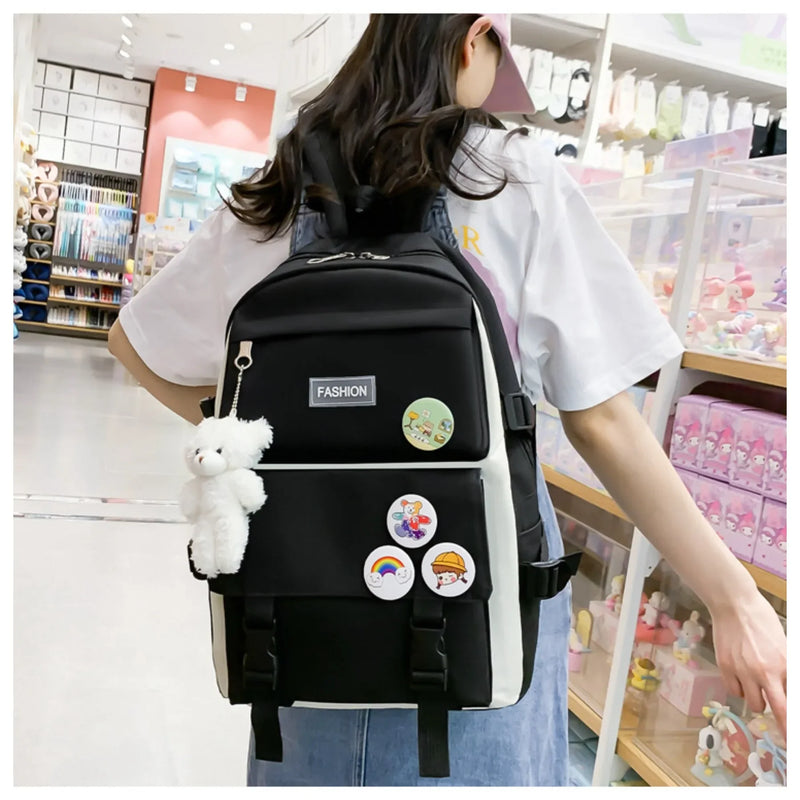 5 peça conjunto kawaii sacos de escola para meninas adolescentes lona cor sólida mochila feminina adolescente estudante escola bolsa para portátil bagpack