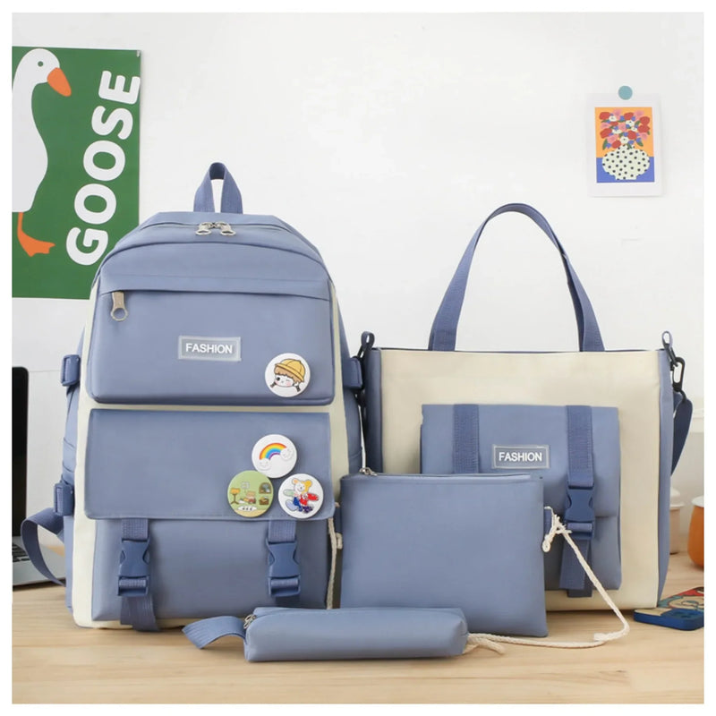 5 peça conjunto kawaii sacos de escola para meninas adolescentes lona cor sólida mochila feminina adolescente estudante escola bolsa para portátil bagpack