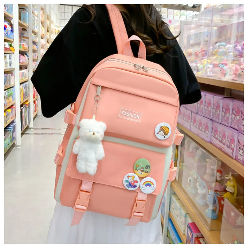 5 peça conjunto kawaii sacos de escola para meninas adolescentes lona cor sólida mochila feminina adolescente estudante escola bolsa para portátil bagpack