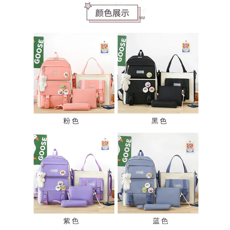 5 peça conjunto kawaii sacos de escola para meninas adolescentes lona cor sólida mochila feminina adolescente estudante escola bolsa para portátil bagpack