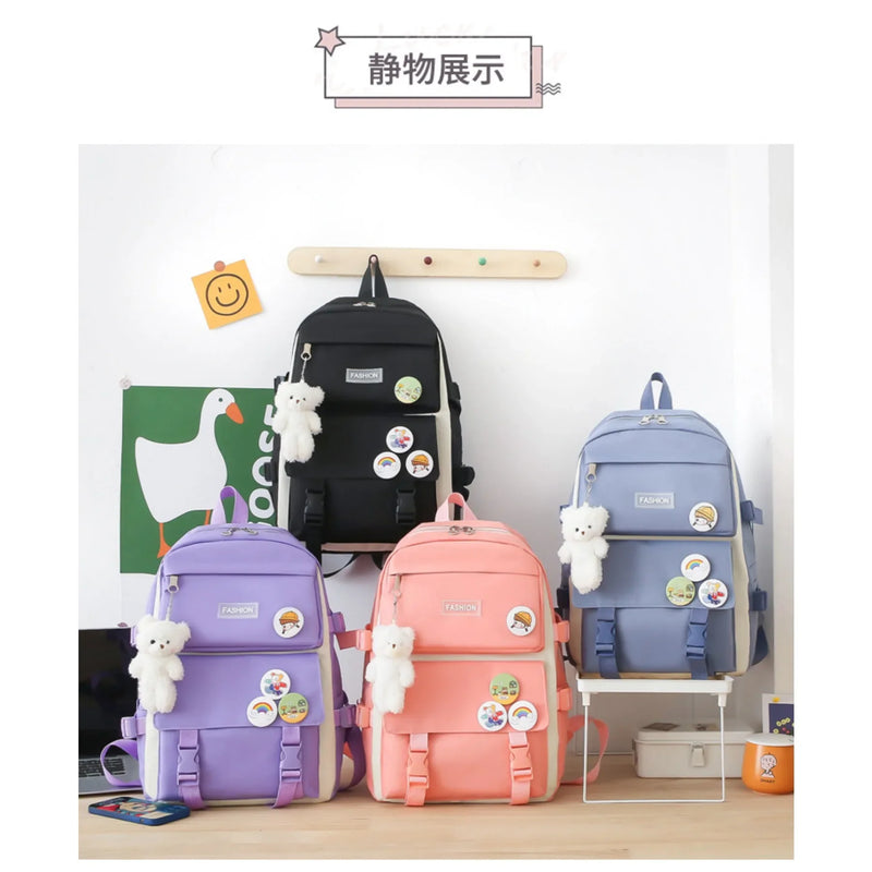 5 peça conjunto kawaii sacos de escola para meninas adolescentes lona cor sólida mochila feminina adolescente estudante escola bolsa para portátil bagpack