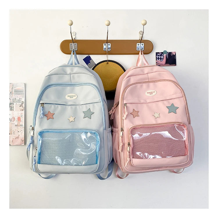 Mochila feminina transparente de estrela estética japonesa, mochila escolar kawaii casual para meninas, mochila formal de alta capacidade para estudantes, Y2k