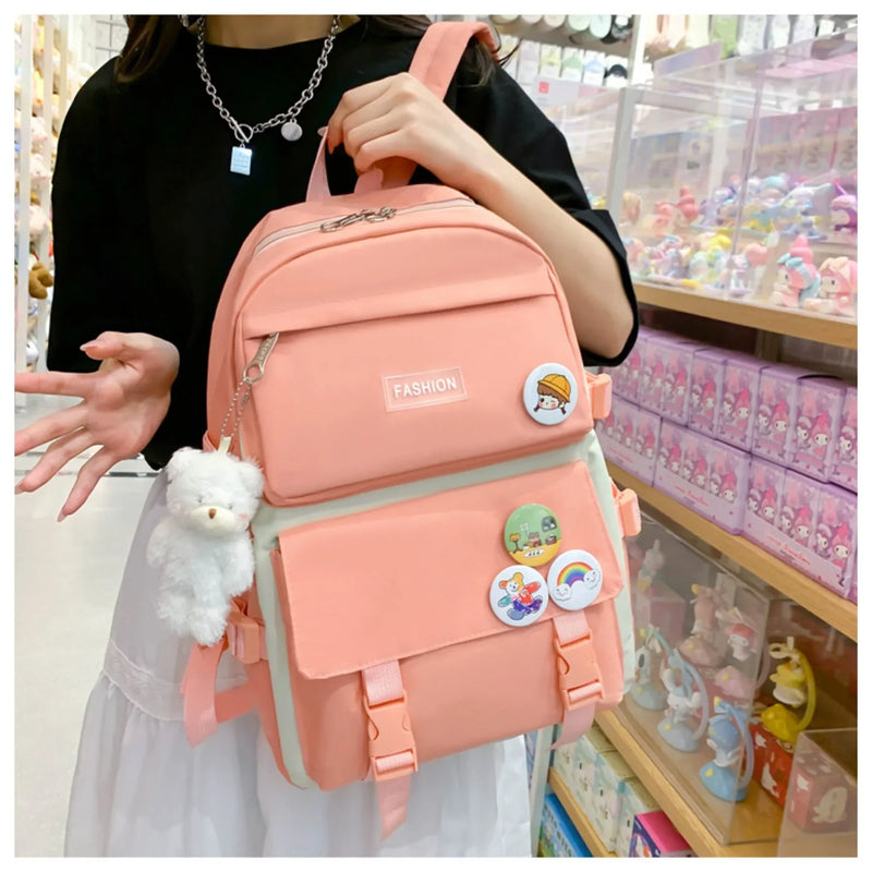 5 peça conjunto kawaii sacos de escola para meninas adolescentes lona cor sólida mochila feminina adolescente estudante escola bolsa para portátil bagpack