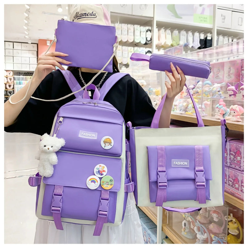 5 peça conjunto kawaii sacos de escola para meninas adolescentes lona cor sólida mochila feminina adolescente estudante escola bolsa para portátil bagpack