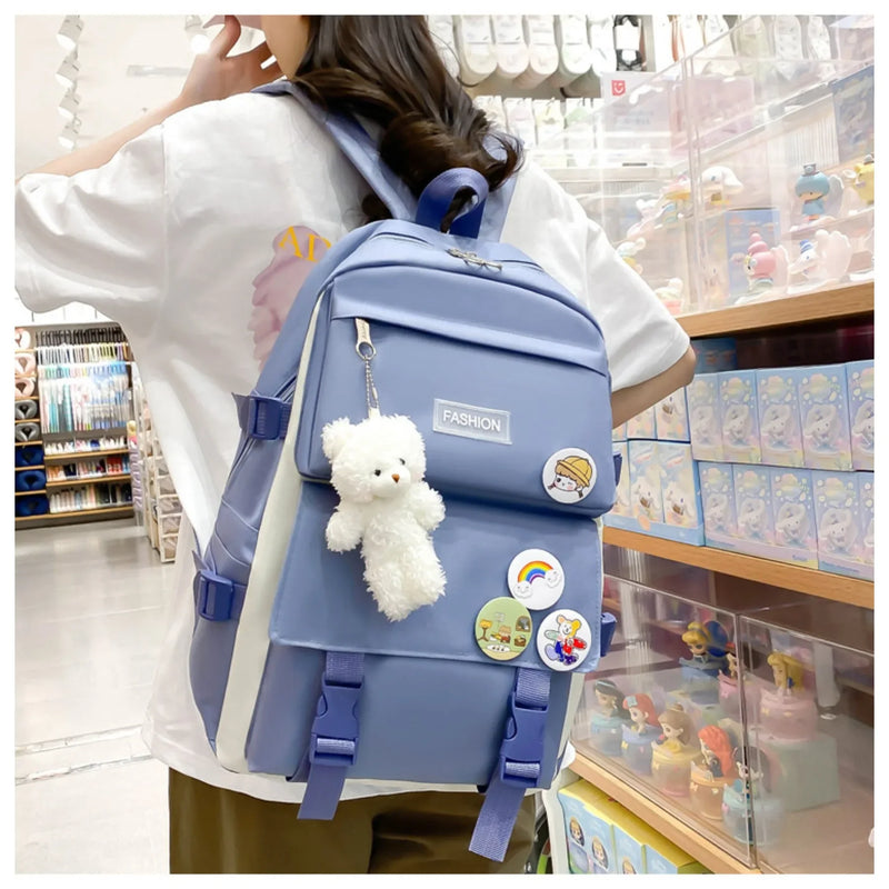 5 peça conjunto kawaii sacos de escola para meninas adolescentes lona cor sólida mochila feminina adolescente estudante escola bolsa para portátil bagpack