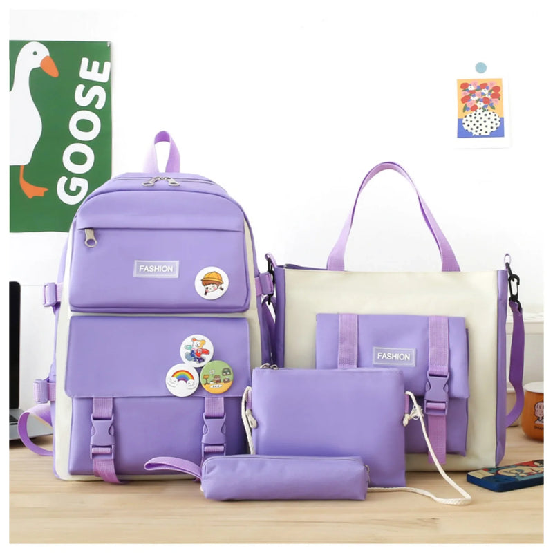 5 peça conjunto kawaii sacos de escola para meninas adolescentes lona cor sólida mochila feminina adolescente estudante escola bolsa para portátil bagpack