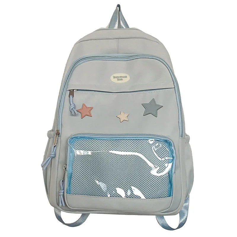 Mochila feminina transparente de estrela estética japonesa, mochila escolar kawaii casual para meninas, mochila formal de alta capacidade para estudantes, Y2k