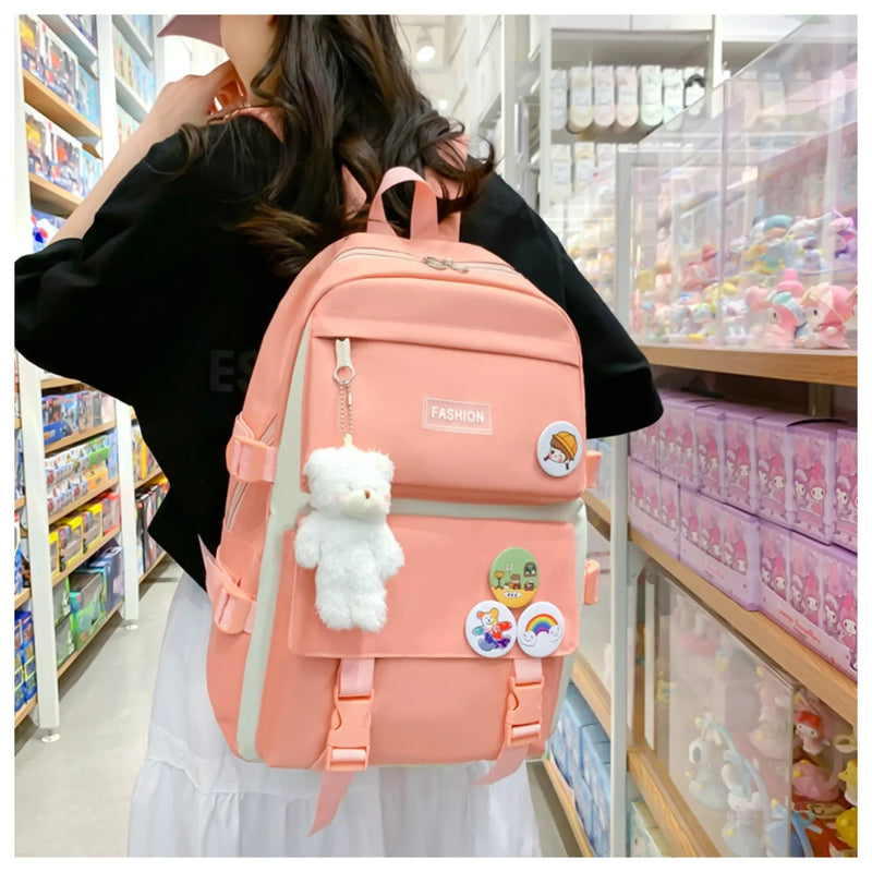 5 peça conjunto kawaii sacos de escola para meninas adolescentes lona cor sólida mochila feminina adolescente estudante escola bolsa para portátil bagpack