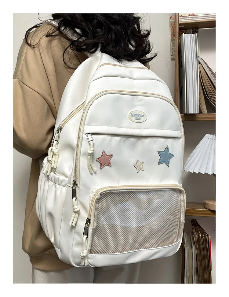 Mochila feminina transparente de estrela estética japonesa, mochila escolar kawaii casual para meninas, mochila formal de alta capacidade para estudantes, Y2k