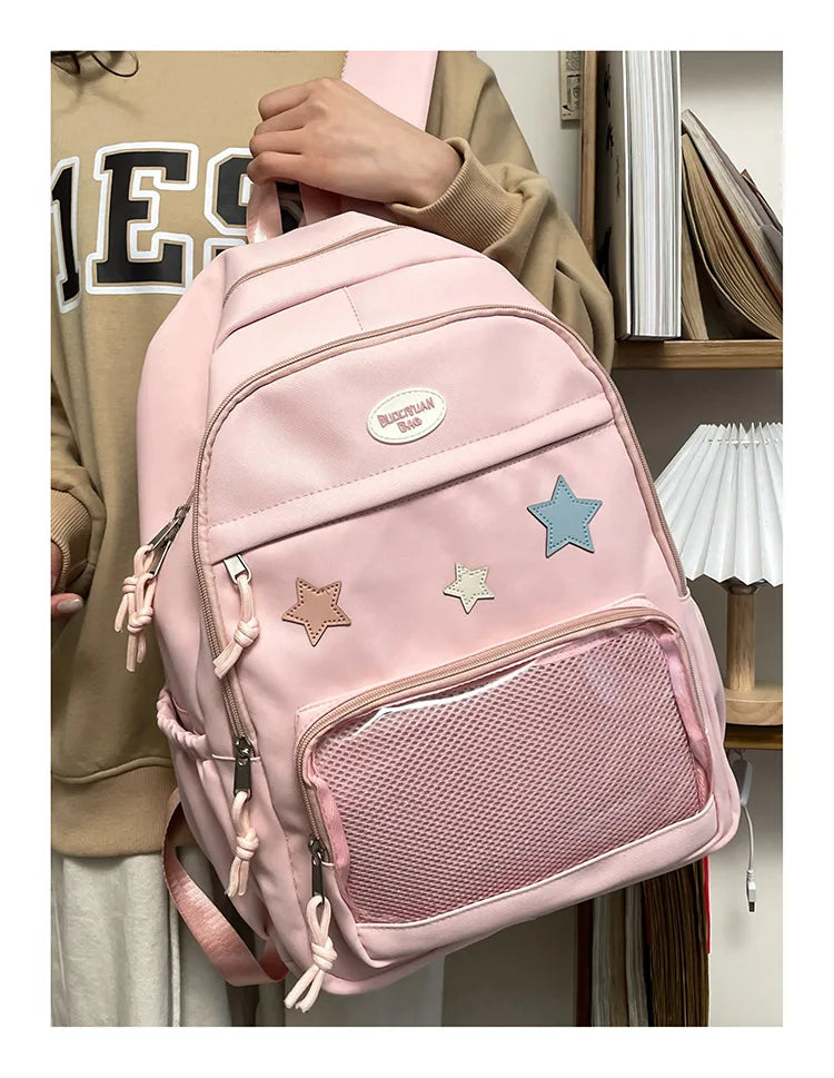 Mochila feminina transparente de estrela estética japonesa, mochila escolar kawaii casual para meninas, mochila formal de alta capacidade para estudantes, Y2k