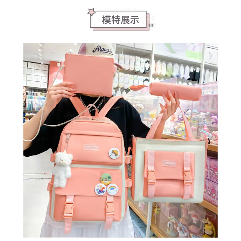 5 peça conjunto kawaii sacos de escola para meninas adolescentes lona cor sólida mochila feminina adolescente estudante escola bolsa para portátil bagpack