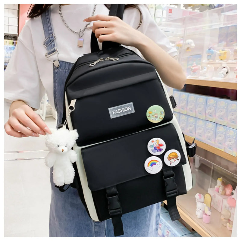 5 peça conjunto kawaii sacos de escola para meninas adolescentes lona cor sólida mochila feminina adolescente estudante escola bolsa para portátil bagpack