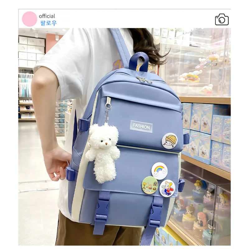 5 peça conjunto kawaii sacos de escola para meninas adolescentes lona cor sólida mochila feminina adolescente estudante escola bolsa para portátil bagpack