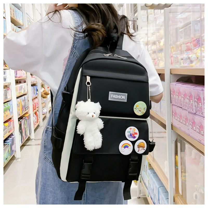 5 peça conjunto kawaii sacos de escola para meninas adolescentes lona cor sólida mochila feminina adolescente estudante escola bolsa para portátil bagpack