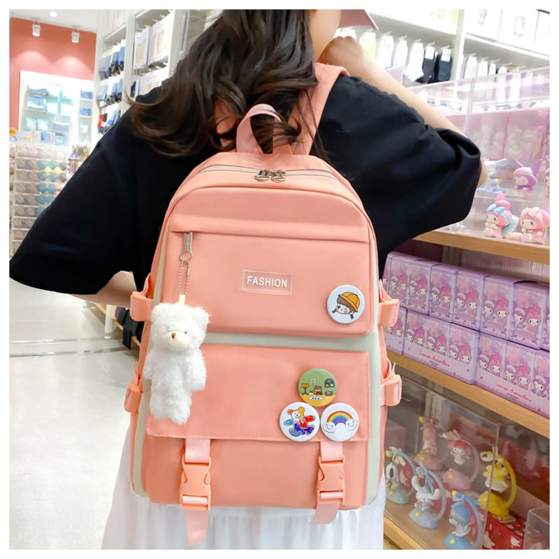 5 peça conjunto kawaii sacos de escola para meninas adolescentes lona cor sólida mochila feminina adolescente estudante escola bolsa para portátil bagpack