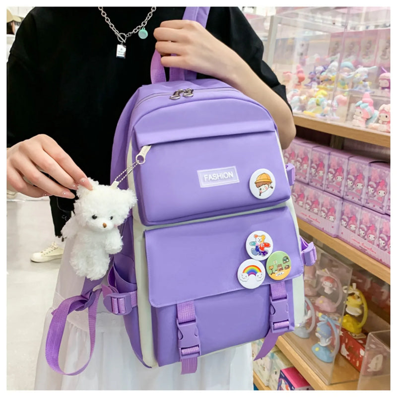 5 peça conjunto kawaii sacos de escola para meninas adolescentes lona cor sólida mochila feminina adolescente estudante escola bolsa para portátil bagpack