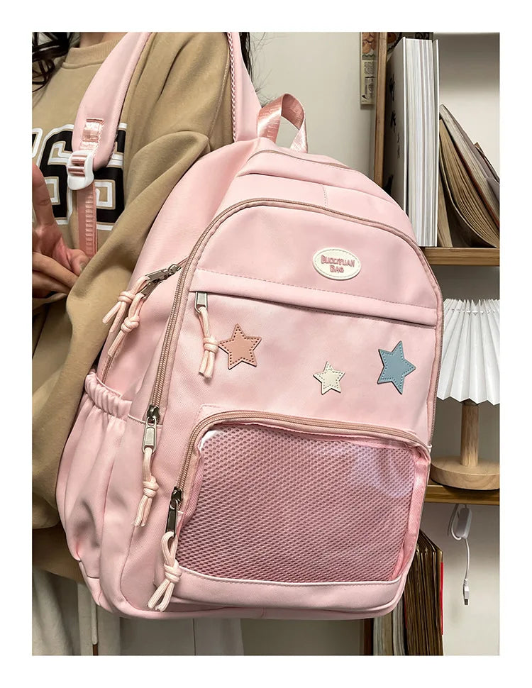 Mochila feminina transparente de estrela estética japonesa, mochila escolar kawaii casual para meninas, mochila formal de alta capacidade para estudantes, Y2k