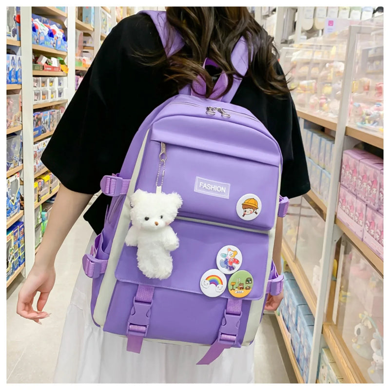 5 peça conjunto kawaii sacos de escola para meninas adolescentes lona cor sólida mochila feminina adolescente estudante escola bolsa para portátil bagpack