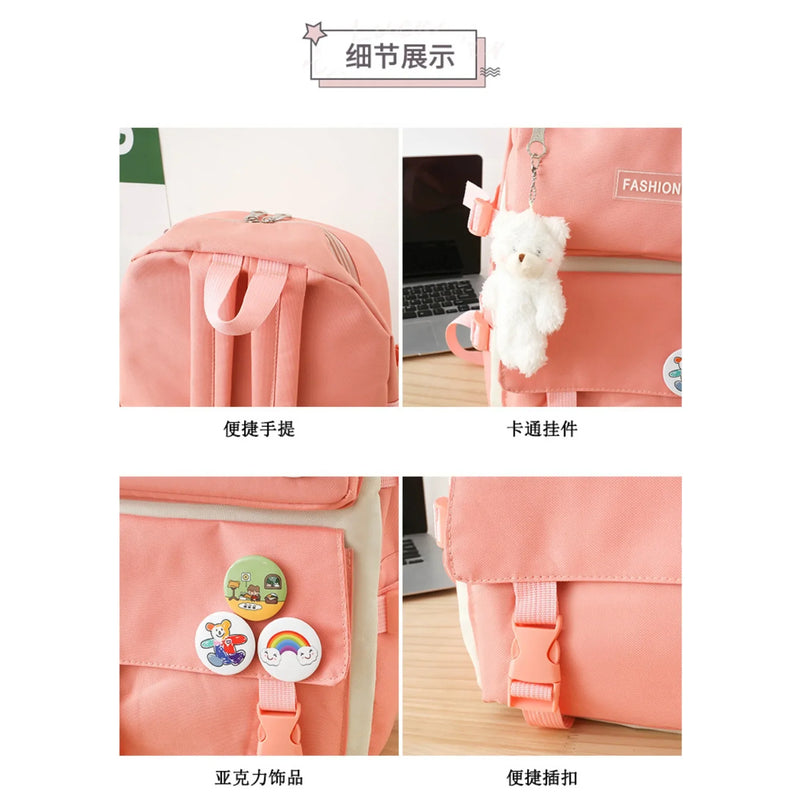 5 peça conjunto kawaii sacos de escola para meninas adolescentes lona cor sólida mochila feminina adolescente estudante escola bolsa para portátil bagpack