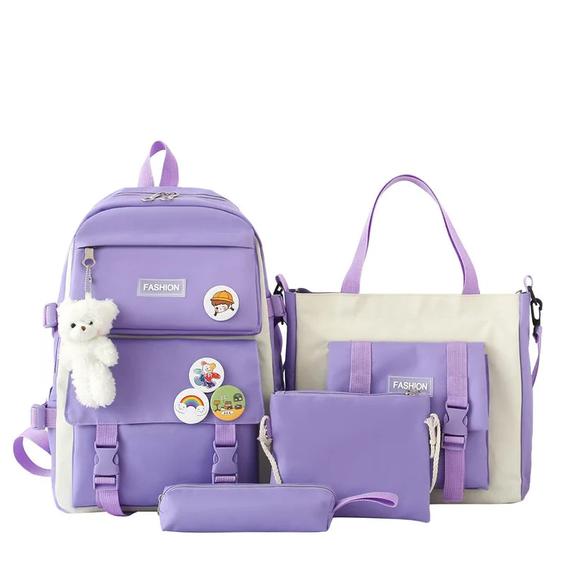 5 peça conjunto kawaii sacos de escola para meninas adolescentes lona cor sólida mochila feminina adolescente estudante escola bolsa para portátil bagpack