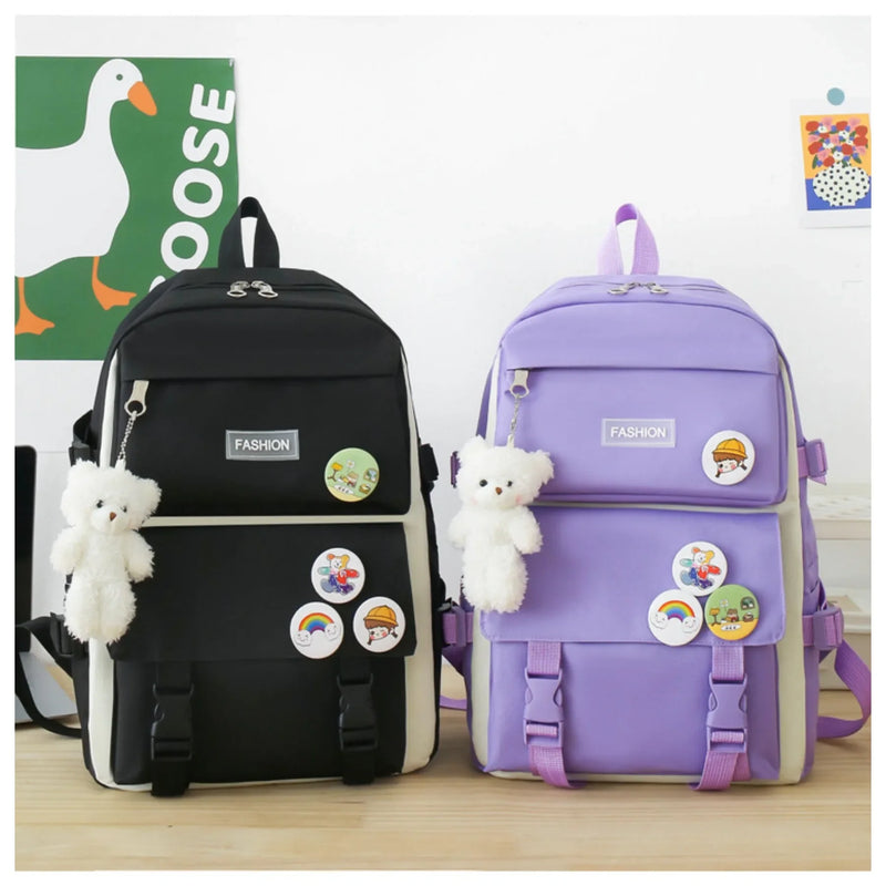 5 peça conjunto kawaii sacos de escola para meninas adolescentes lona cor sólida mochila feminina adolescente estudante escola bolsa para portátil bagpack