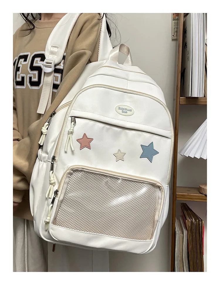 Mochila feminina transparente de estrela estética japonesa, mochila escolar kawaii casual para meninas, mochila formal de alta capacidade para estudantes, Y2k