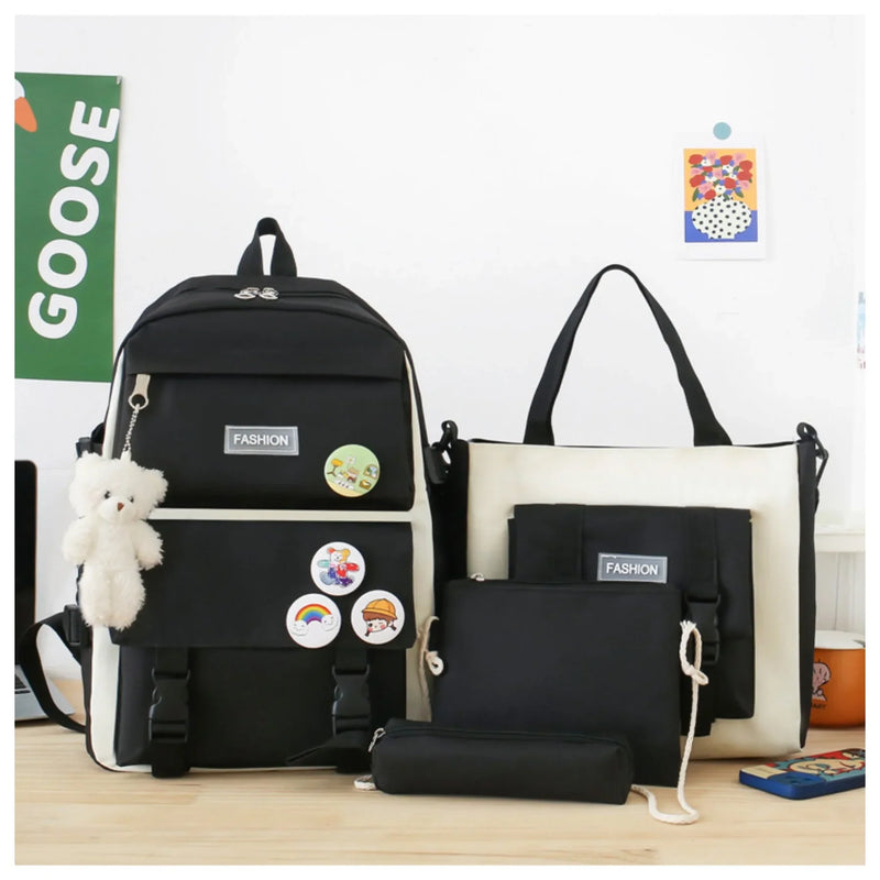 5 peça conjunto kawaii sacos de escola para meninas adolescentes lona cor sólida mochila feminina adolescente estudante escola bolsa para portátil bagpack