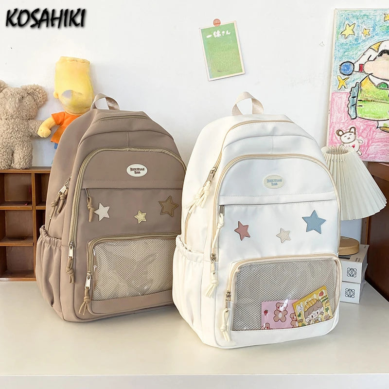 Mochila feminina transparente de estrela estética japonesa, mochila escolar kawaii casual para meninas, mochila formal de alta capacidade para estudantes, Y2k