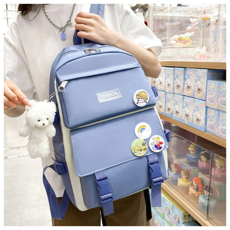 5 peça conjunto kawaii sacos de escola para meninas adolescentes lona cor sólida mochila feminina adolescente estudante escola bolsa para portátil bagpack