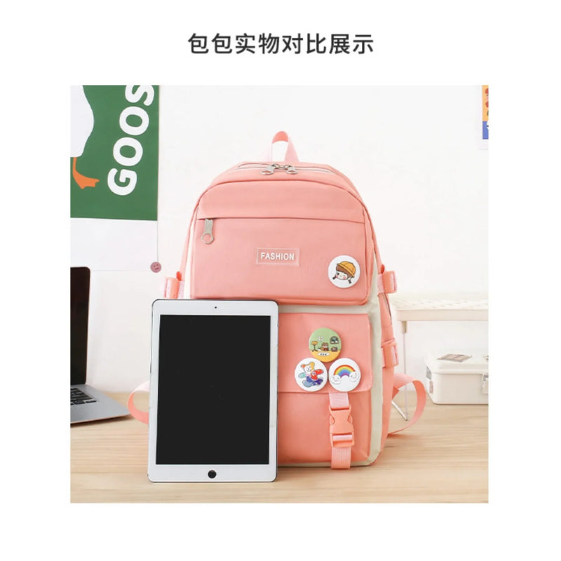 5 peça conjunto kawaii sacos de escola para meninas adolescentes lona cor sólida mochila feminina adolescente estudante escola bolsa para portátil bagpack