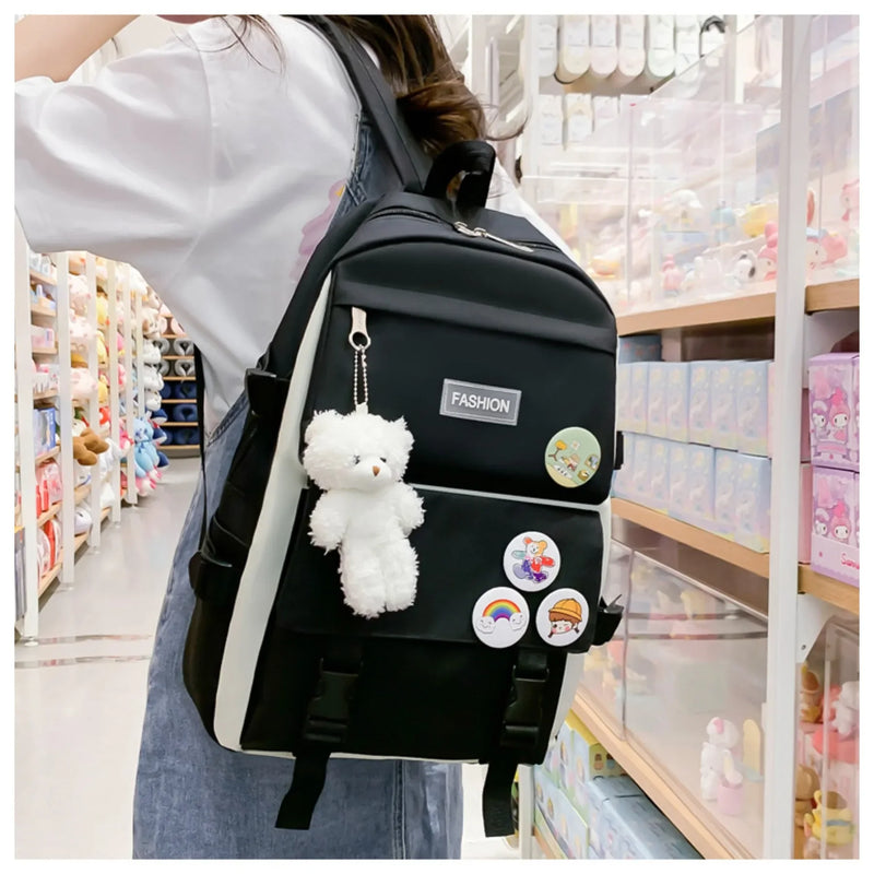 5 peça conjunto kawaii sacos de escola para meninas adolescentes lona cor sólida mochila feminina adolescente estudante escola bolsa para portátil bagpack