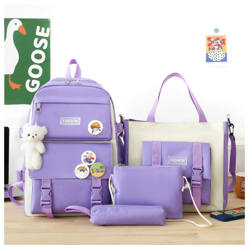 5 peça conjunto kawaii sacos de escola para meninas adolescentes lona cor sólida mochila feminina adolescente estudante escola bolsa para portátil bagpack