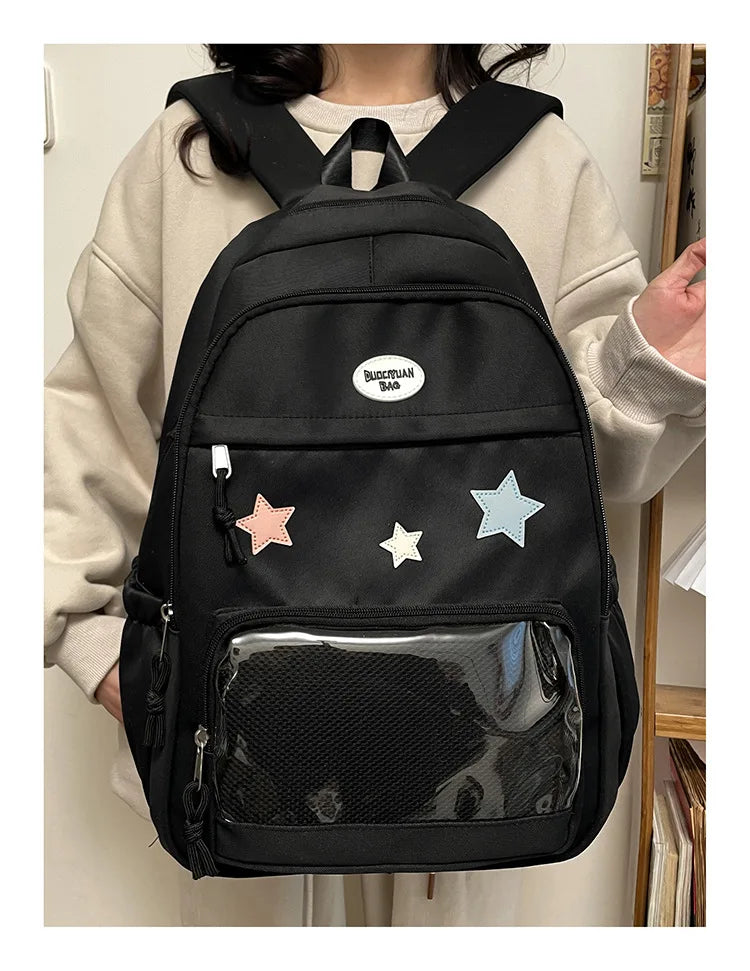 Mochila feminina transparente de estrela estética japonesa, mochila escolar kawaii casual para meninas, mochila formal de alta capacidade para estudantes, Y2k