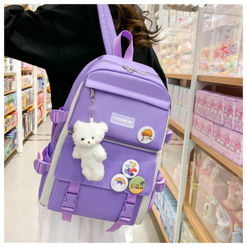 5 peça conjunto kawaii sacos de escola para meninas adolescentes lona cor sólida mochila feminina adolescente estudante escola bolsa para portátil bagpack