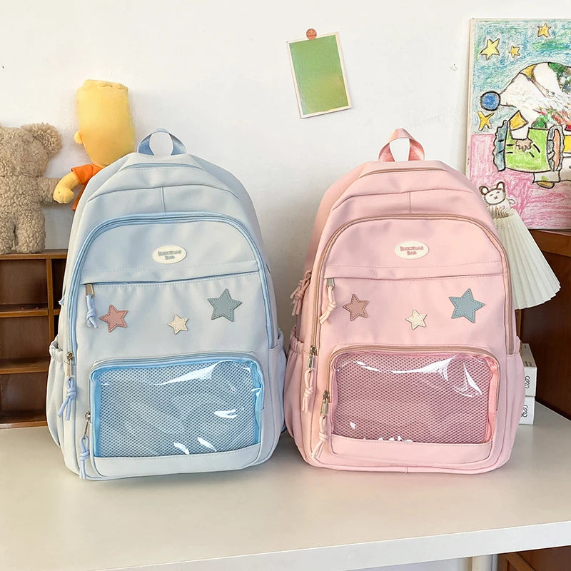 Mochila feminina transparente de estrela estética japonesa, mochila escolar kawaii casual para meninas, mochila formal de alta capacidade para estudantes, Y2k