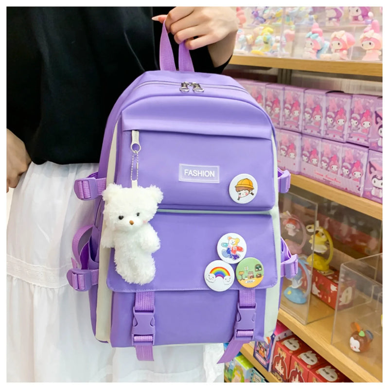 5 peça conjunto kawaii sacos de escola para meninas adolescentes lona cor sólida mochila feminina adolescente estudante escola bolsa para portátil bagpack