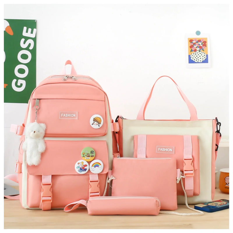 5 peça conjunto kawaii sacos de escola para meninas adolescentes lona cor sólida mochila feminina adolescente estudante escola bolsa para portátil bagpack