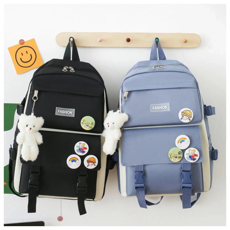 5 peça conjunto kawaii sacos de escola para meninas adolescentes lona cor sólida mochila feminina adolescente estudante escola bolsa para portátil bagpack