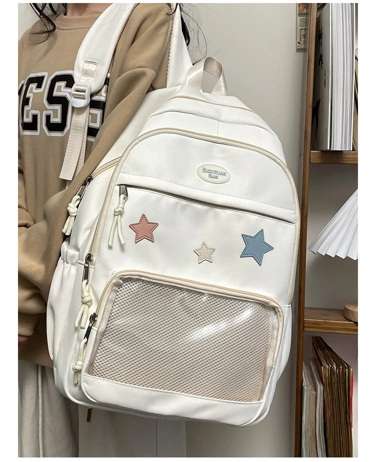 Mochila feminina transparente de estrela estética japonesa, mochila escolar kawaii casual para meninas, mochila formal de alta capacidade para estudantes, Y2k